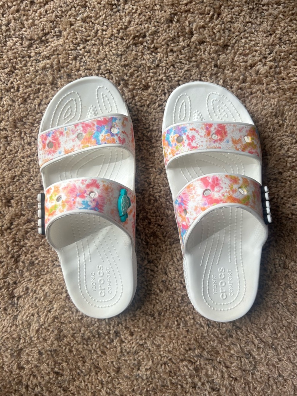 CROCS White Slide Sandals with Multicolor Tie Dye Straps